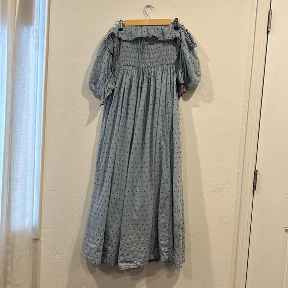 DÔEN Azure Swiss Dot Sol Dress Blue Red Polka Dot Ruffle Midi Maxi - Picture 5 of 7